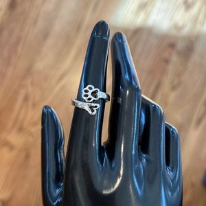 Paw print and heart adjustable silver ring